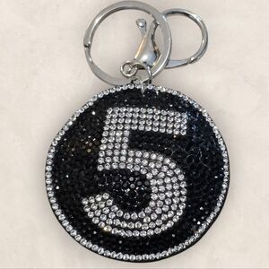 Black and Silver No. 5 Rhinestone Bag Charm Keychain